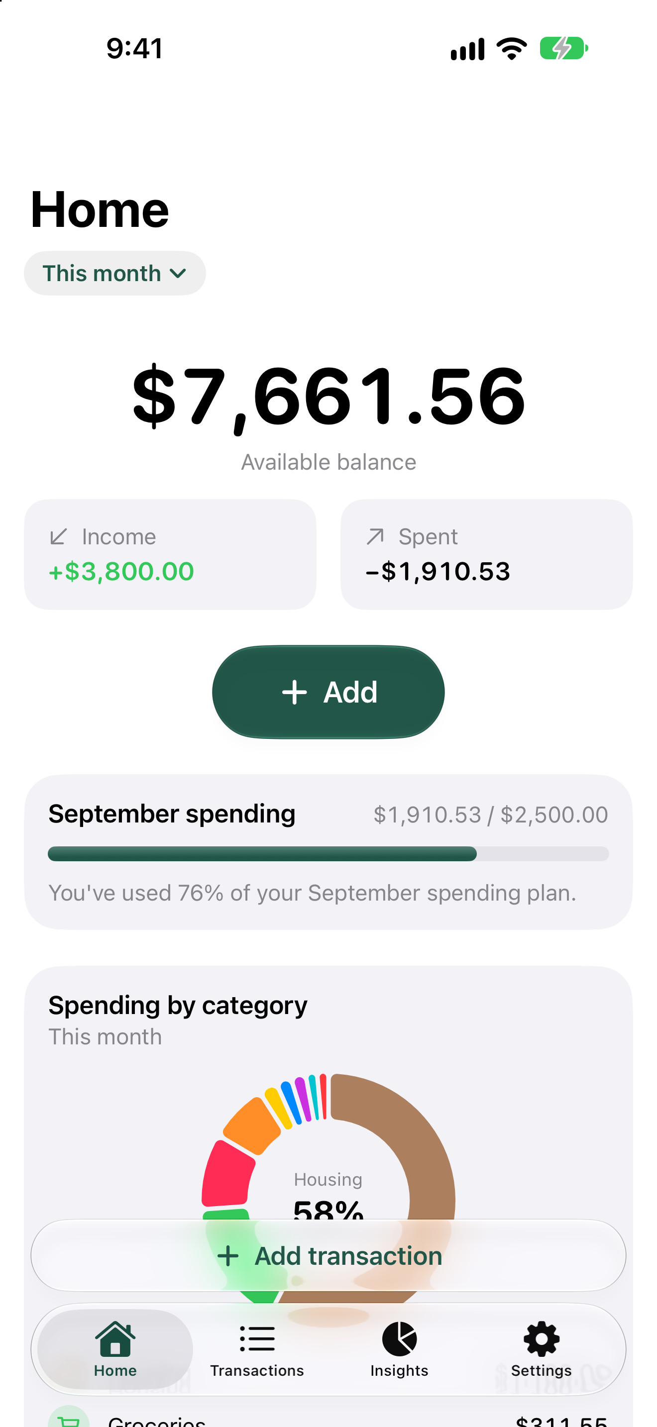 Home screen showing available balance, income, spending and a monthly spending plan