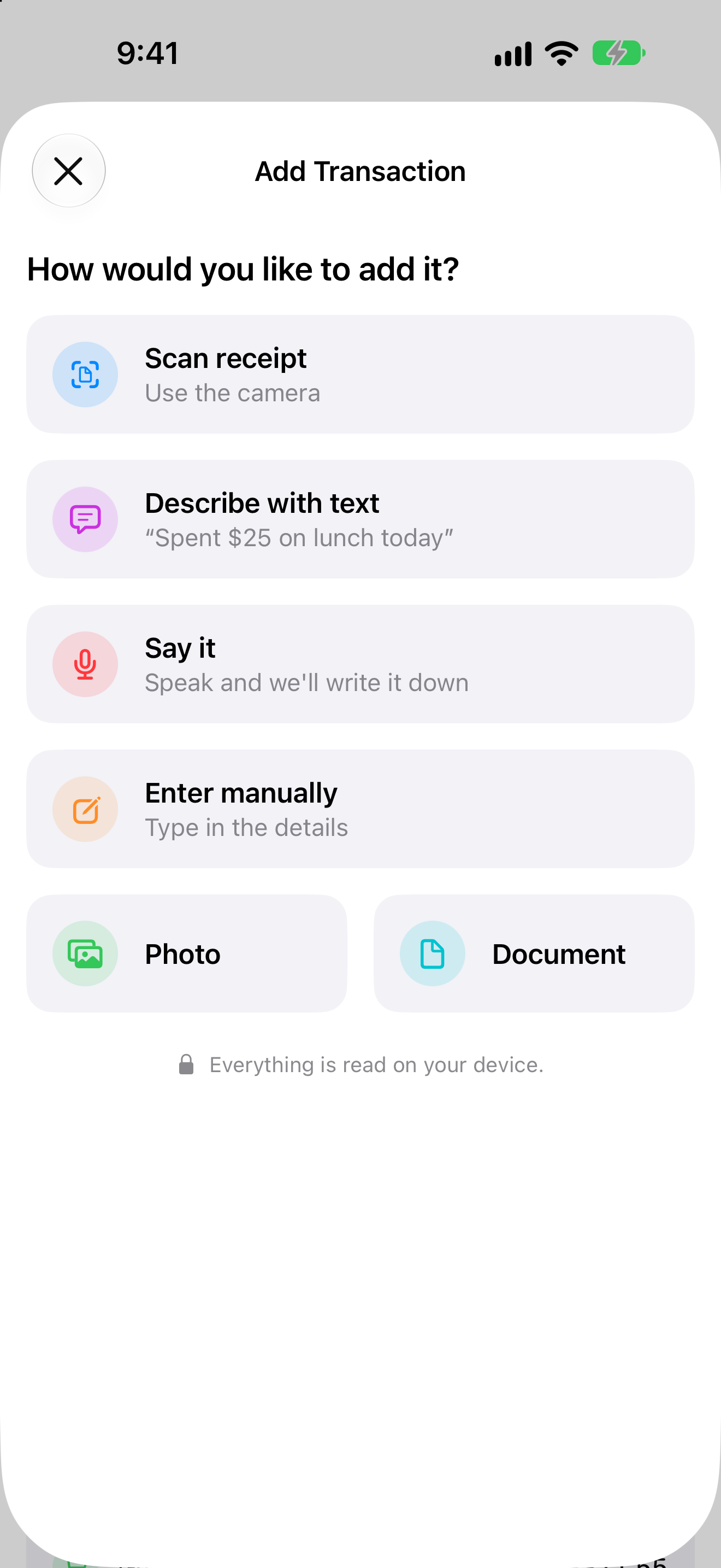 Add Transaction screen with options to scan, describe, say, enter manually, or import a photo or document