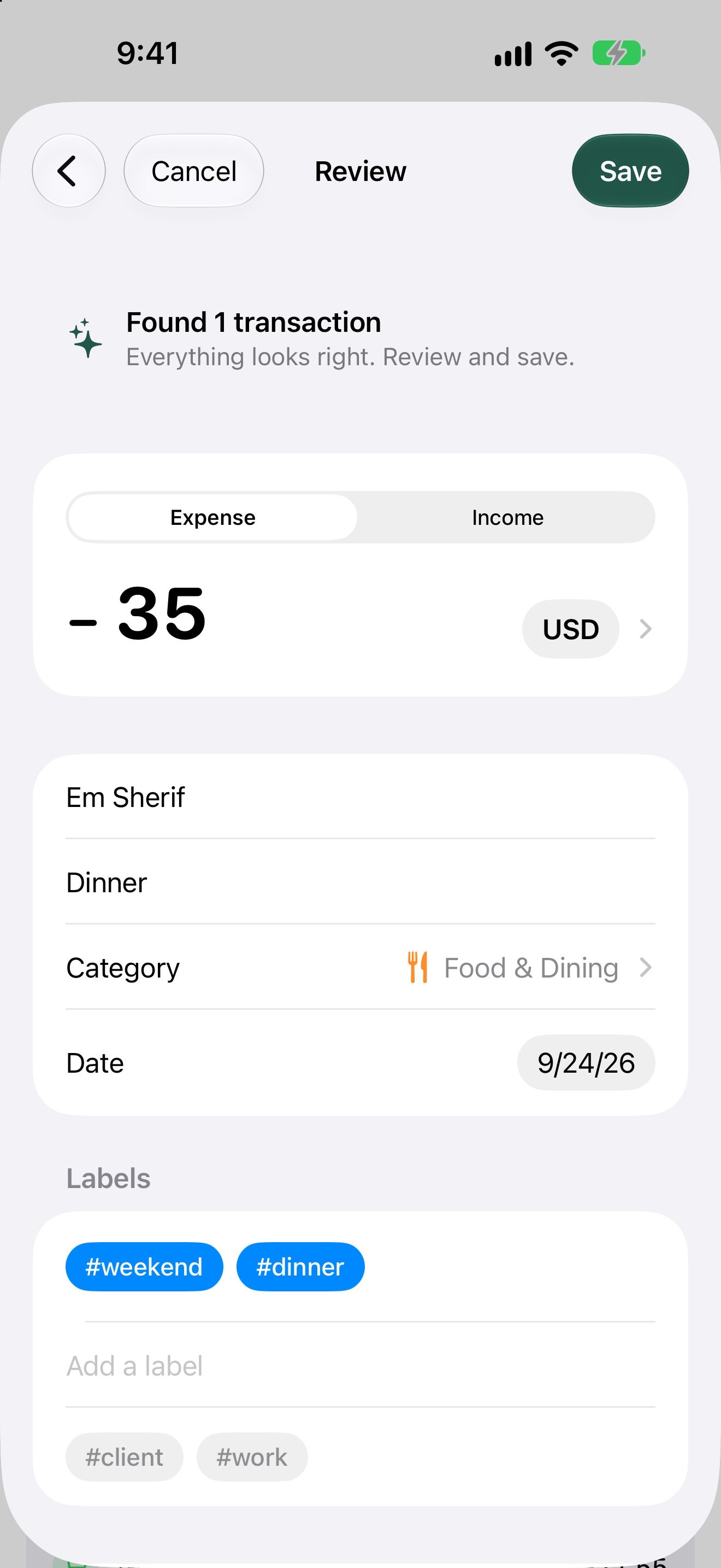 Review screen with a $35 dinner expense ready to save