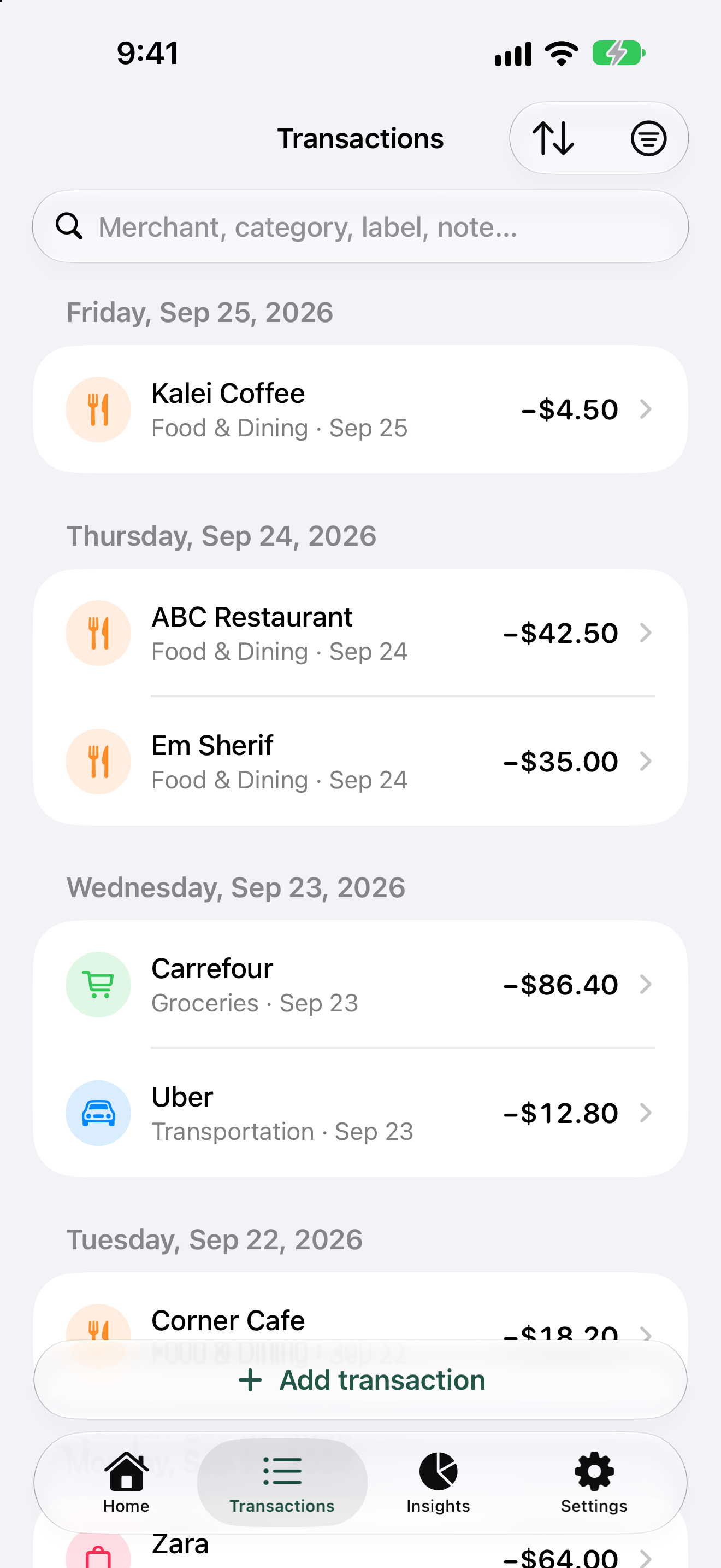 Transactions list with search and filters
