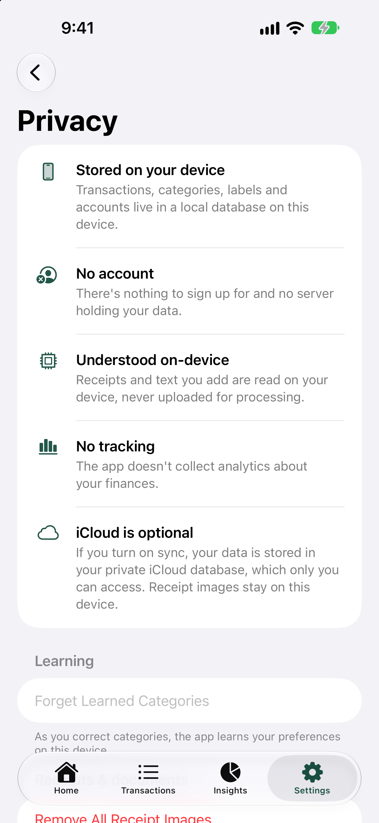 Privacy screen explaining where data is stored